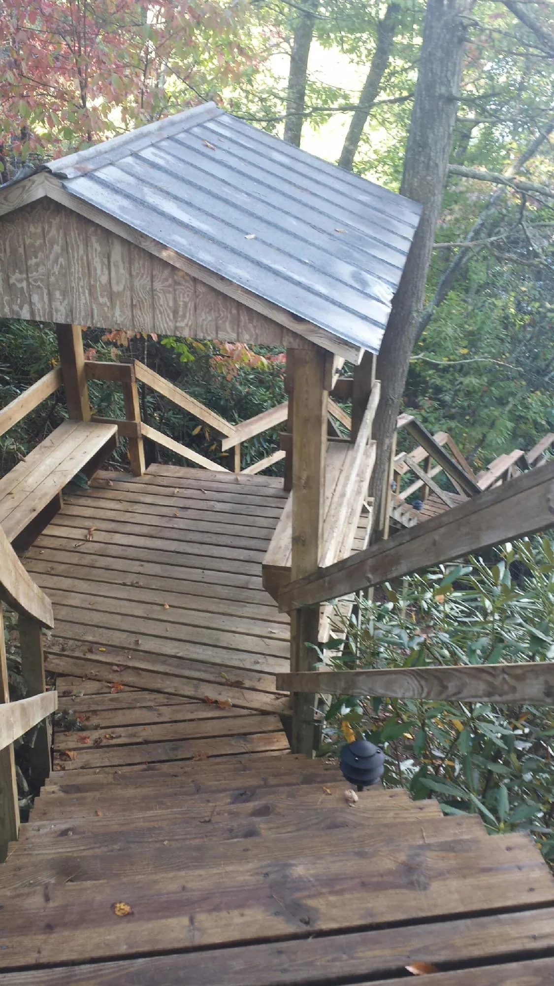 Metal roofed shelter over wooden steps on a wooded walkway — Skylight Repair & Installation work by our crew in Dunn